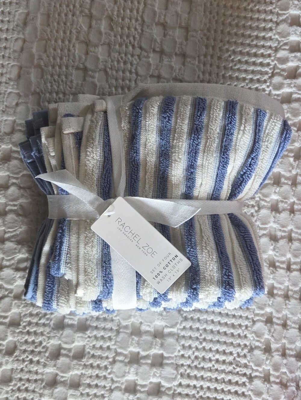 Rachel Zoe Cotton Wash Cloths Blue  And Cream Stripes Set Of Four